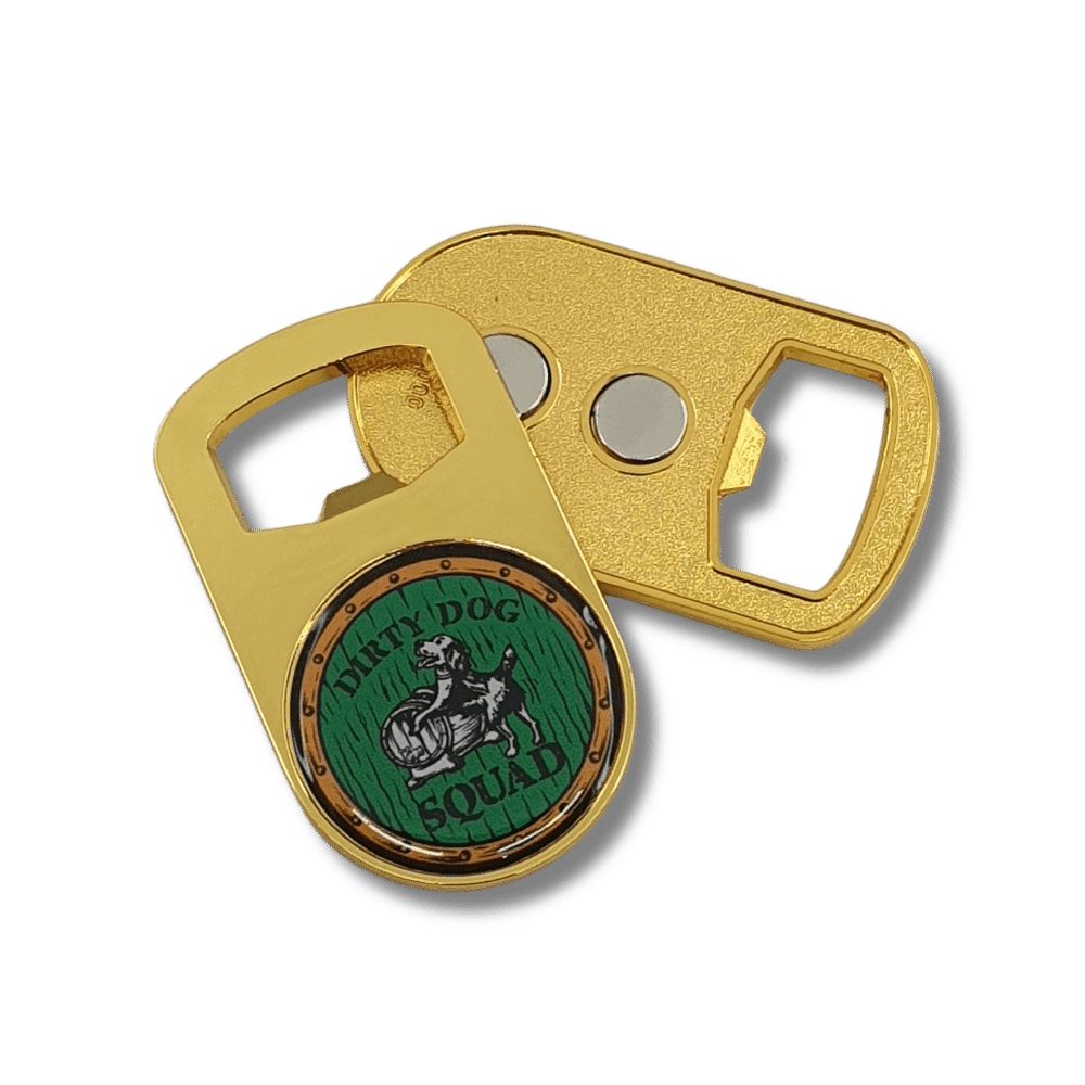 customised-magnetic-gold-metal-bottle-opener-fridge-magnets-lapelpinsaustralia a bottle openers with a green and black design