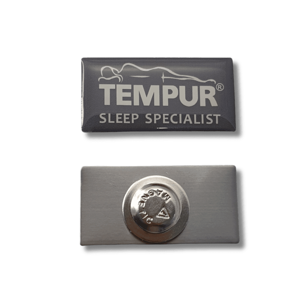 tempur-metal-fridge-name-tag-magnets-lapelpinsaustralia Custom Made Metal Magnet Badges